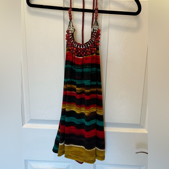 Wet Seal multicolored gorgeous beaded neck halter top with red ties. XL. - Picture 2 of 9